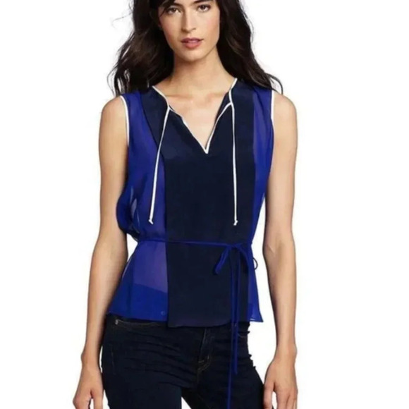 BCBG MAXAZRIA ROYAL BLUE COMBO LULA COLOR BLOCKED BLOUSE TOP SZ XXS - Picture 2 of 9